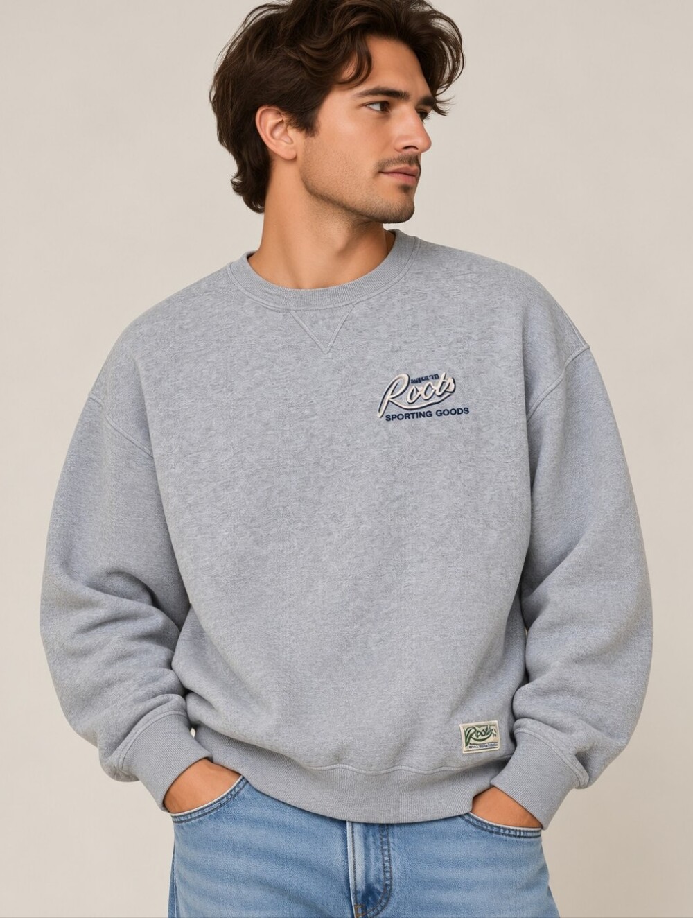 Roots 90s Men's Gray Crewneck Sweatshirt with Logo